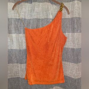 Fore Bright Orange One Shoulder Top With Gold Chain